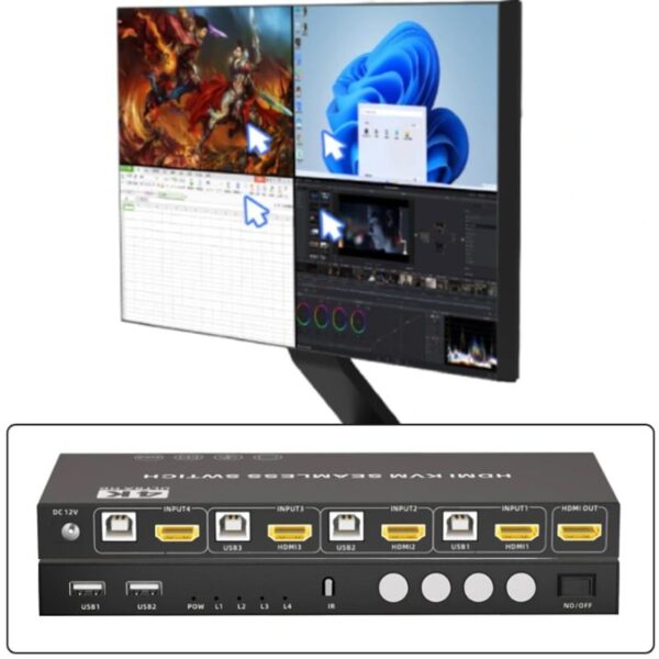 Bộ gộp 4 thiết bị HDMI chung 1 màn hình KVM Multi Viewer 4 vào 1 ra với nhiều chế độ hiển thị khác nhau