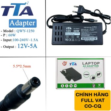 Nguồn adapter DC 12V5A chân 5.5*2.5mm 60W  chính hãng TTA QWY-1250 - Phụ Kiện Điện Tử Việt Nam
