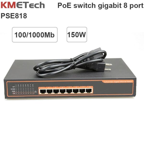 Nguồn Switch 8 Port POE 10/100/1000Mbps KMETech PSE818 công suất 150W