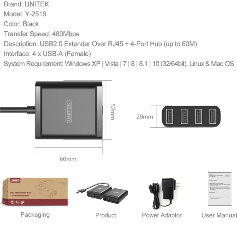 bo khuech dai usb lan 60 mét unitek y2516