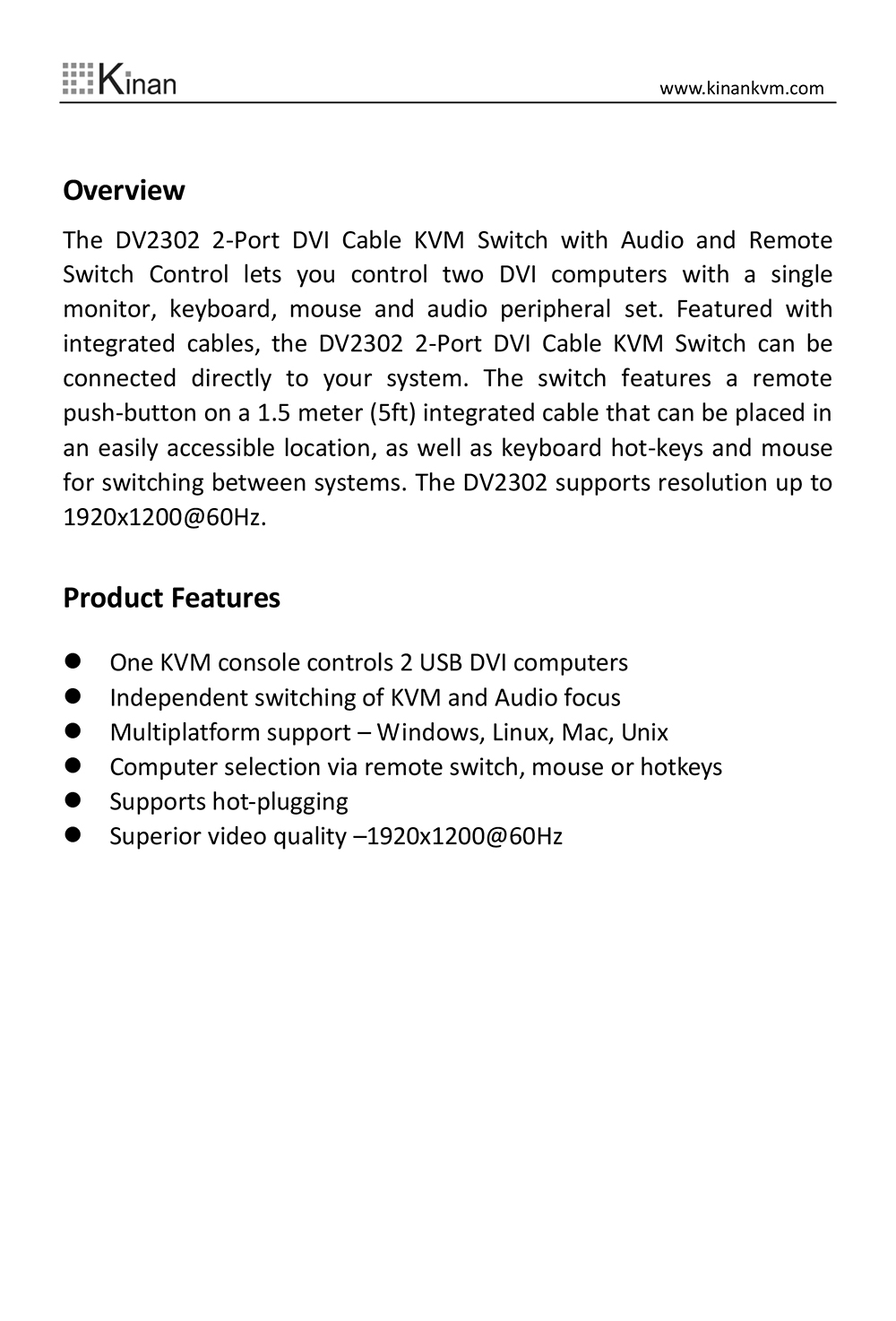 kvm dvi kinnan dv2302