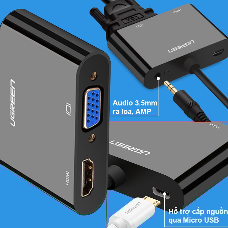hdmi sang vga + hdmi + audio 3.5mm ugreen 40744