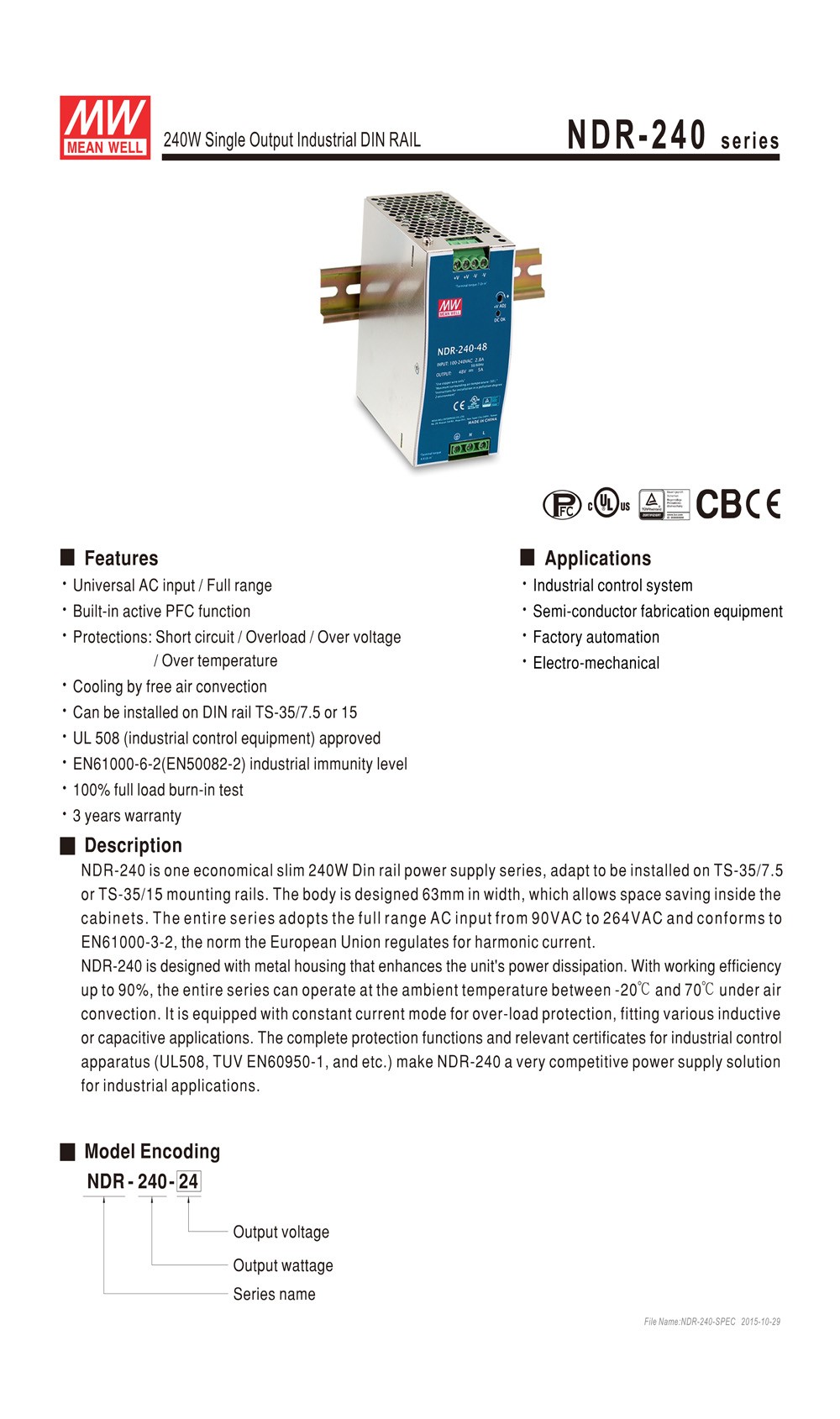 Nguồn DC 24V Meanwell NDR-240-24 24V 10A 240W Đài Loan
