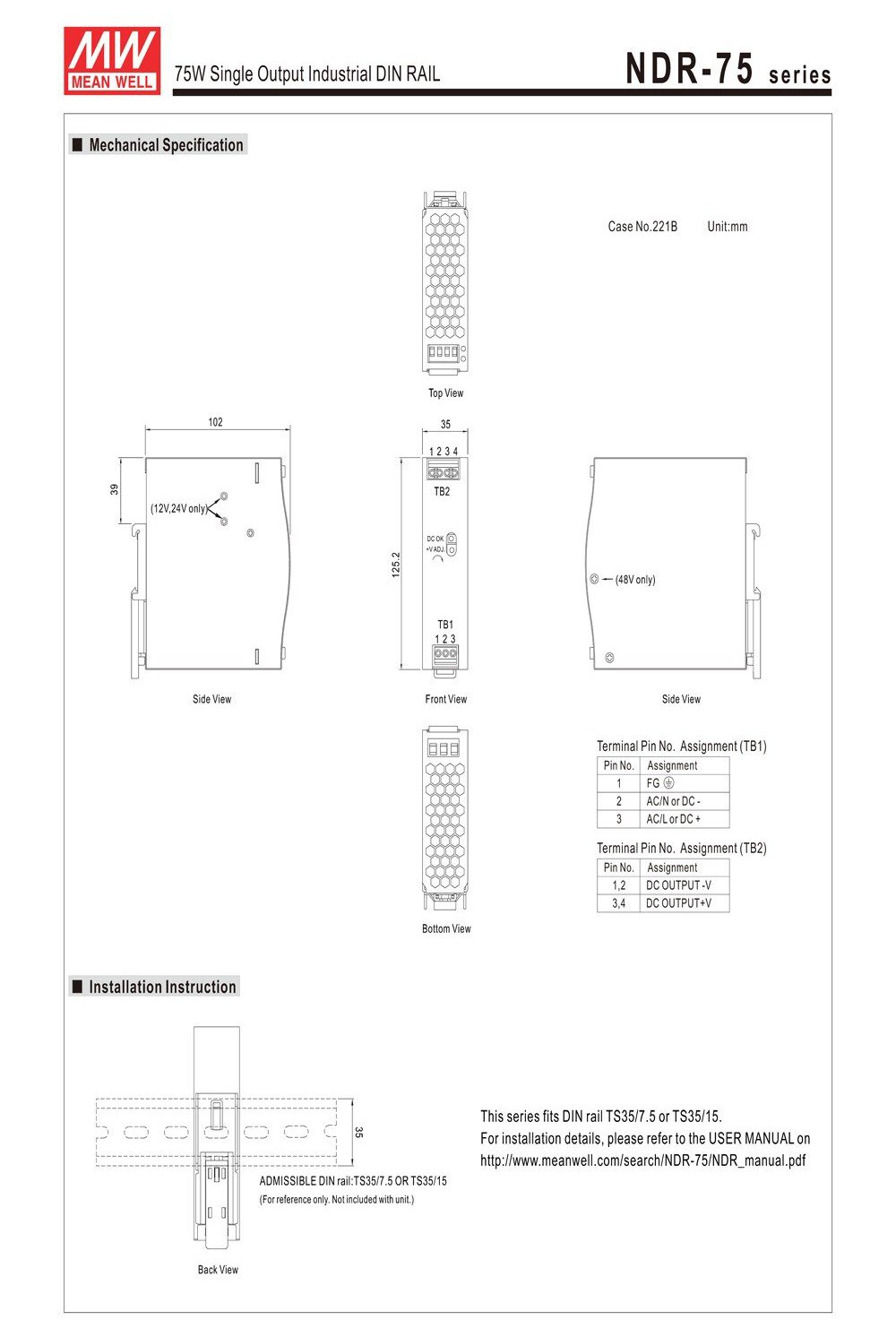 Nguồn DC công nghiệp 24v Meanwell NDR-75-24 24V 3.2A 75W