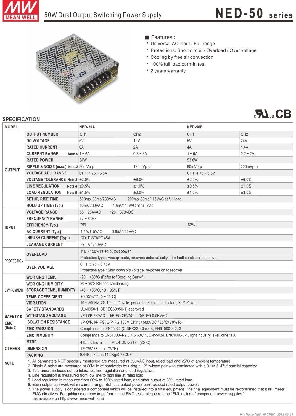 Nguồn DC LED 2 trong 1 24V 5V Meanwell NED-50B Đài Loan