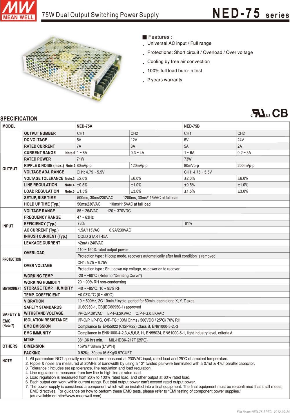 Nguồn DC LED 2 trong 1 12V 5V Meanwell NED-75A