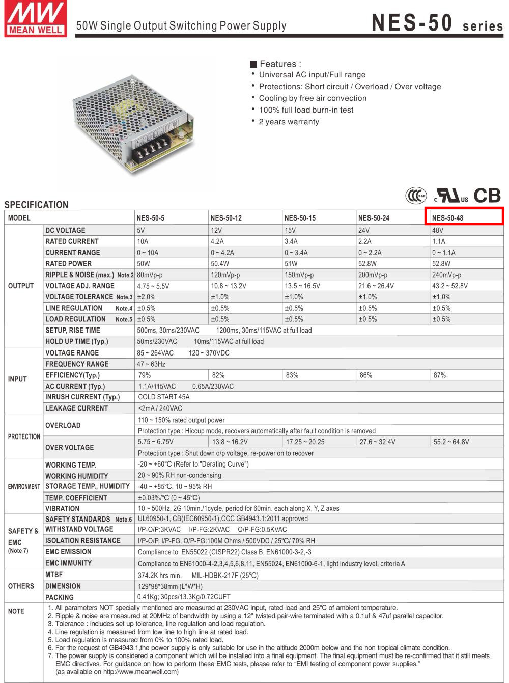 Nguồn DC LED tổng 48V 1.1A 50W Meanwell NES-50-48 Đài Loan