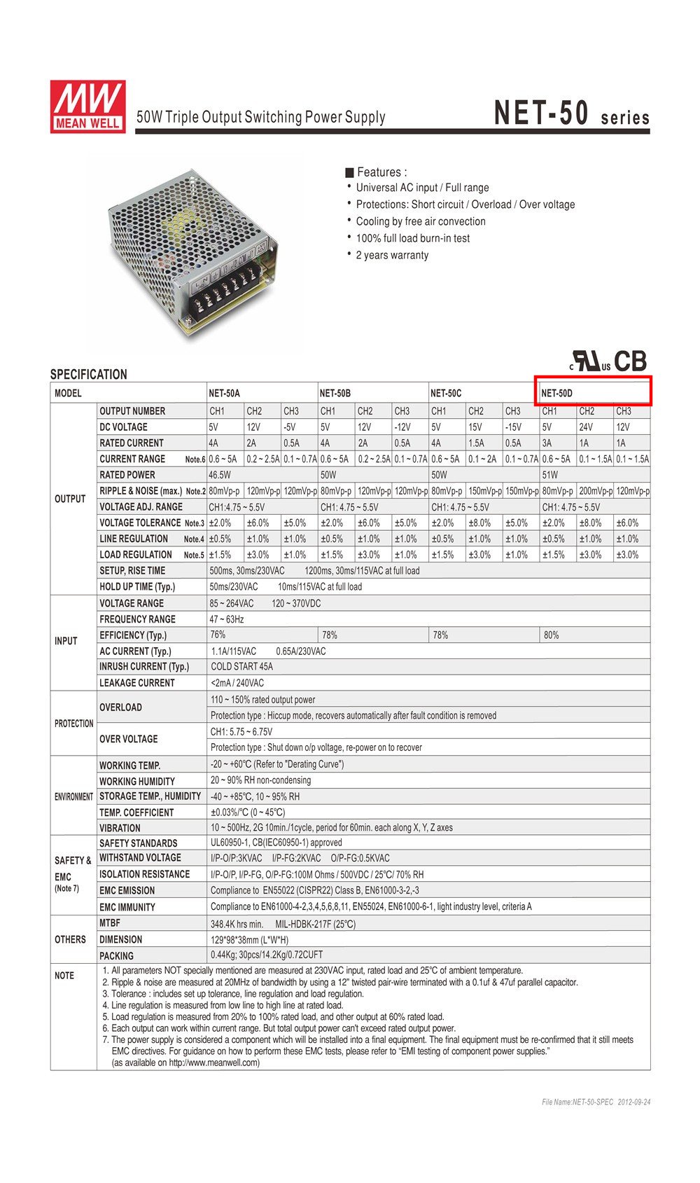 Nguồn DC LED 3 trong 1 Meanwell NET-50D 24V 1A 12V 1A 5V 3A