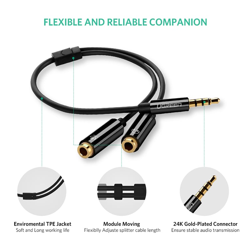 ugreen 30620 cap chia audio 3.5mm 1 ben micro 1 ben tai nghe